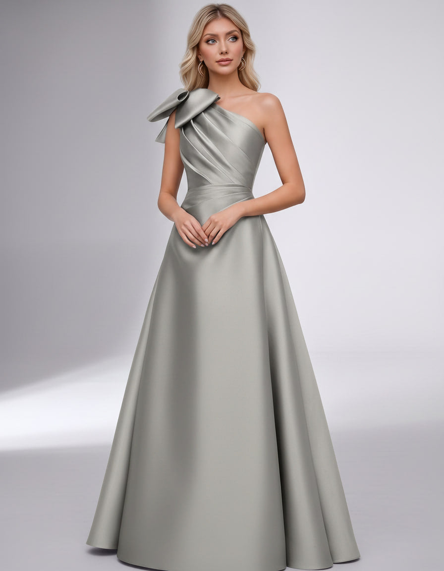 Celestia Maxi Dress by Lauven — satin one shoulder A-line maxi dress with bow