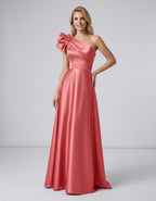 Aurevina Maxi Dress by Lauven — satin one shoulder A-line maxi dress with ruffle detail