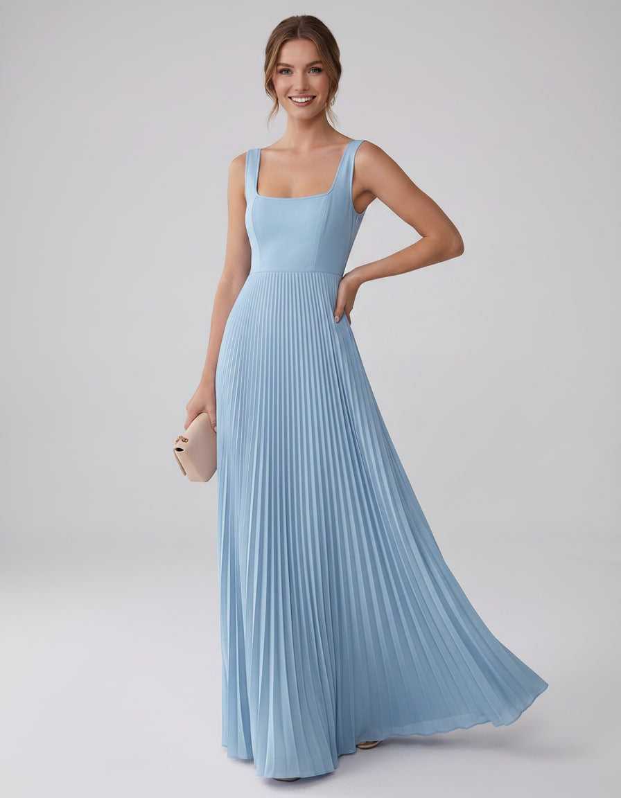 Veloura Maxi Dress by Lauven — satin chiffon sleeveless square neck pleated A-line maxi dress