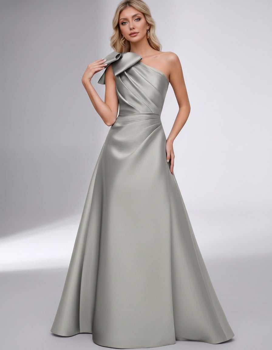 Celestia Maxi Dress by Lauven — satin one shoulder A-line maxi dress with bow