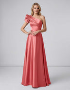 Aurevina Maxi Dress by Lauven — satin one shoulder A-line maxi dress with ruffle detail