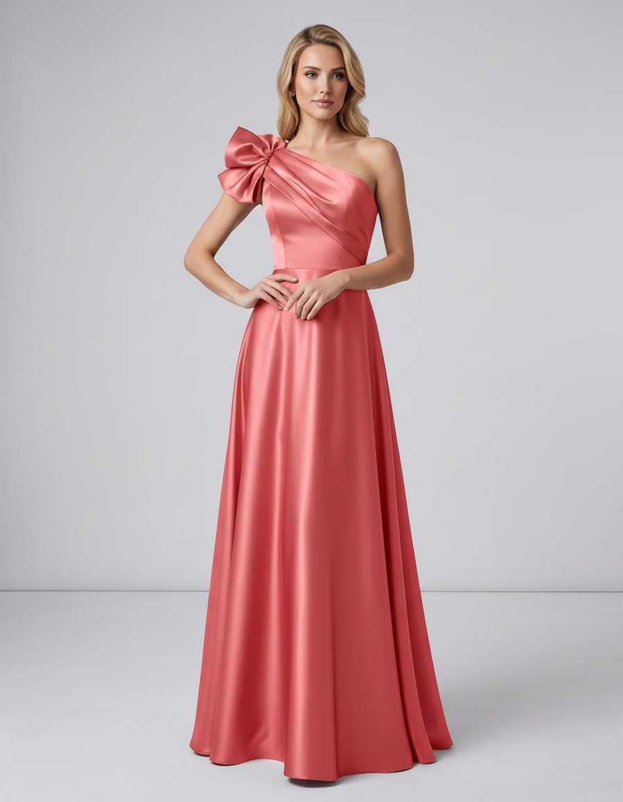 Aurevina Maxi Dress by Lauven — satin one shoulder A-line maxi dress with ruffle detail