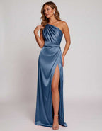 Veloura Maxi Dress by Lauven — satin one-shoulder mermaid maxi dress with slit