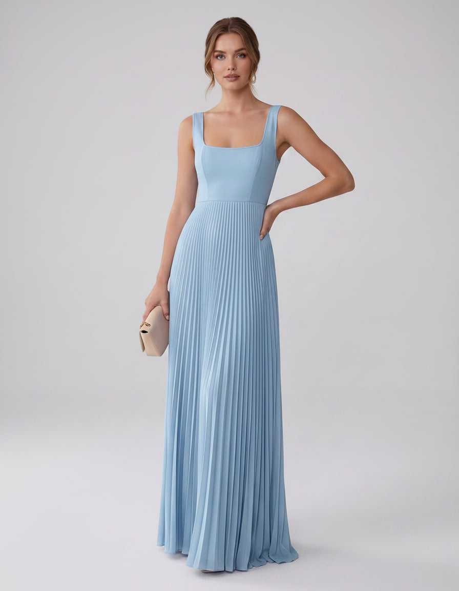 Veloura Maxi Dress by Lauven — satin chiffon sleeveless square neck pleated A-line maxi dress