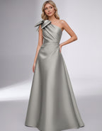 Celestia Maxi Dress by Lauven — satin one shoulder A-line maxi dress with bow