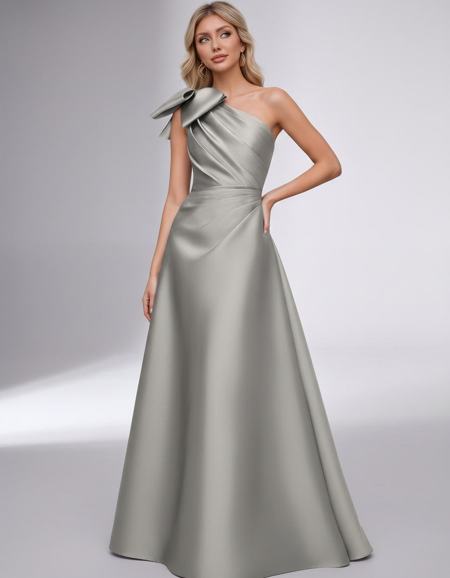 Celestia Maxi Dress by Lauven — satin one shoulder A-line maxi dress with bow