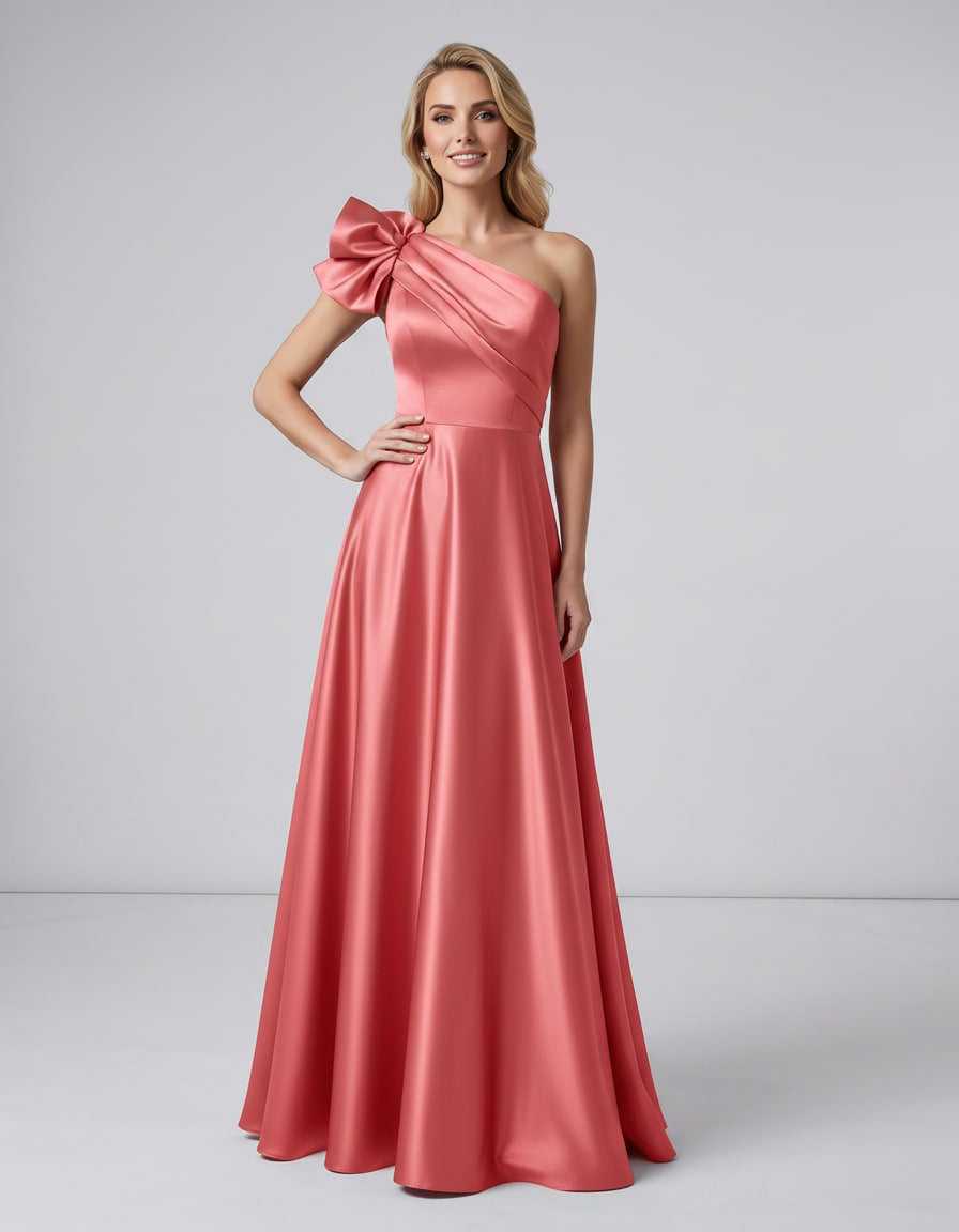 Aurevina Maxi Dress by Lauven — satin one shoulder A-line maxi dress with ruffle detail