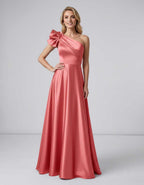 Aurevina Maxi Dress by Lauven — satin one shoulder A-line maxi dress with ruffle detail