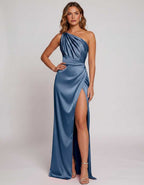 Veloura Maxi Dress by Lauven — satin one-shoulder mermaid maxi dress with slit