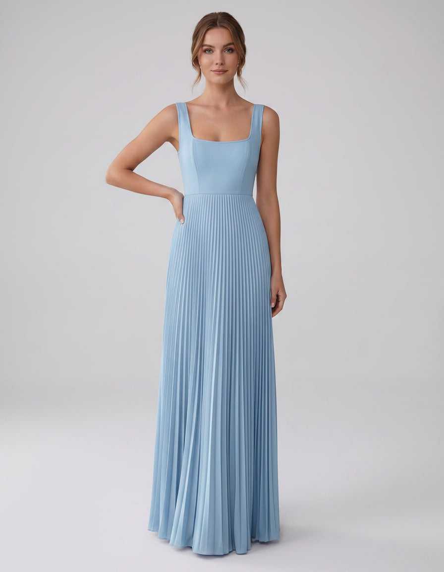 Veloura Maxi Dress by Lauven — satin chiffon sleeveless square neck pleated A-line maxi dress