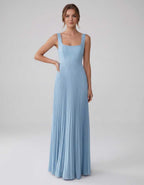 Veloura Maxi Dress by Lauven — satin chiffon sleeveless square neck pleated A-line maxi dress