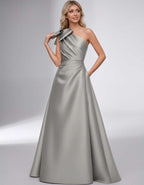 Celestia Maxi Dress by Lauven — satin one shoulder A-line maxi dress with bow