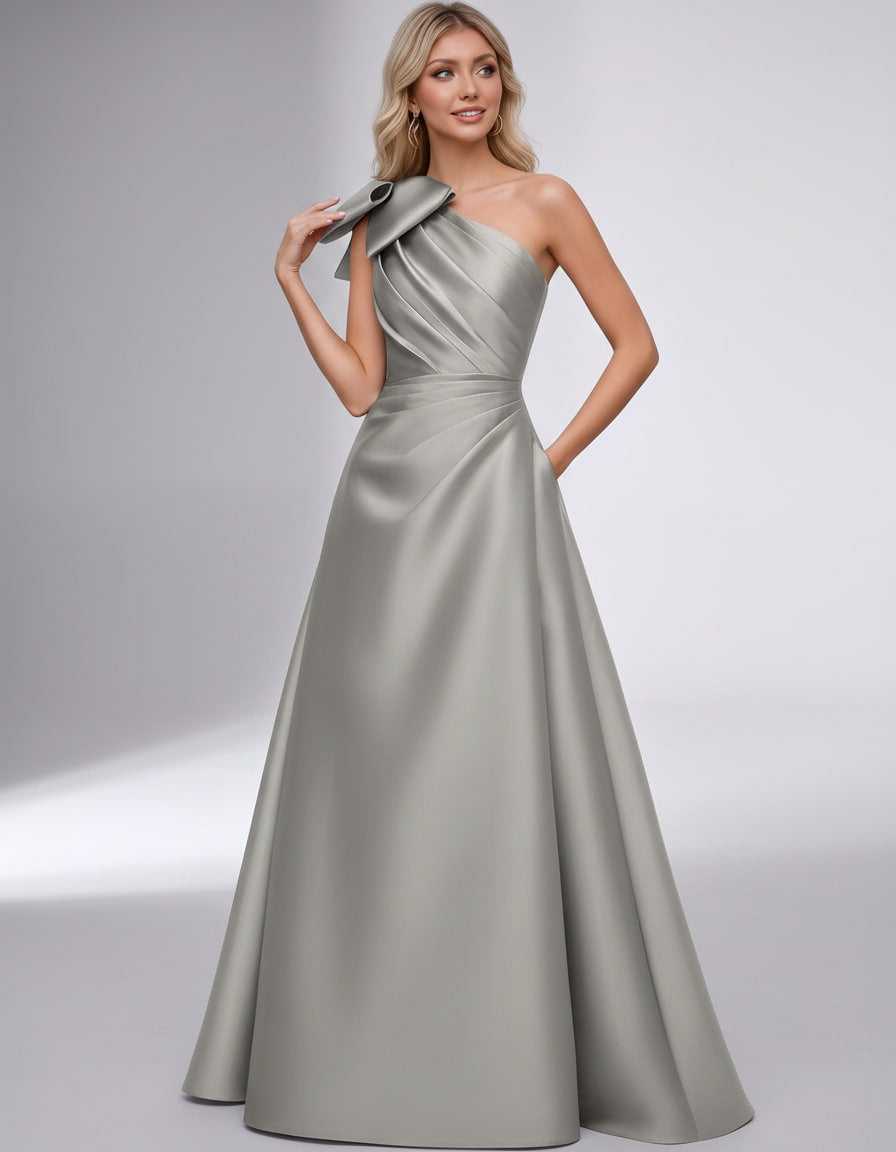Celestia Maxi Dress by Lauven — satin one shoulder A-line maxi dress with bow