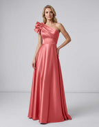 Aurevina Maxi Dress by Lauven — satin one shoulder A-line maxi dress with ruffle detail