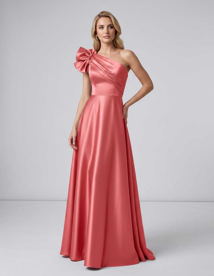 Aurevina Maxi Dress by Lauven — satin one shoulder A-line maxi dress with ruffle detail