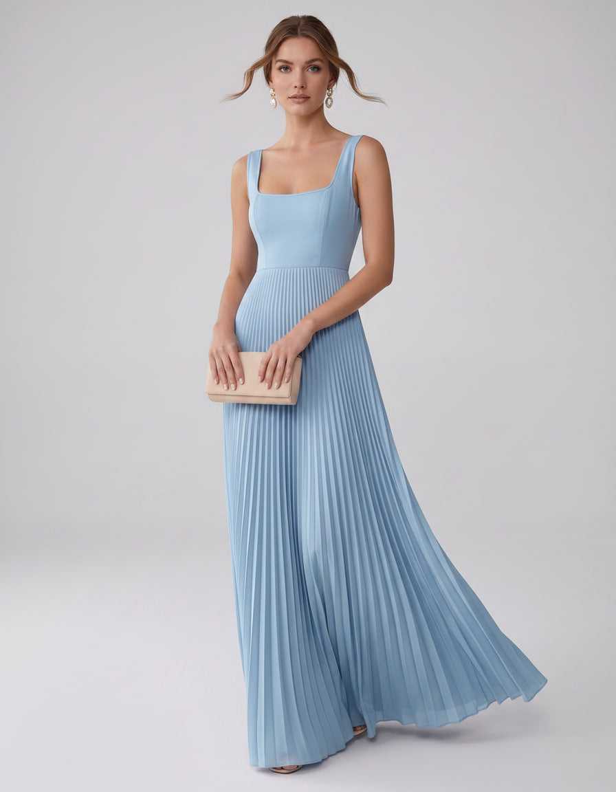 Veloura Maxi Dress by Lauven — satin chiffon sleeveless square neck pleated A-line maxi dress