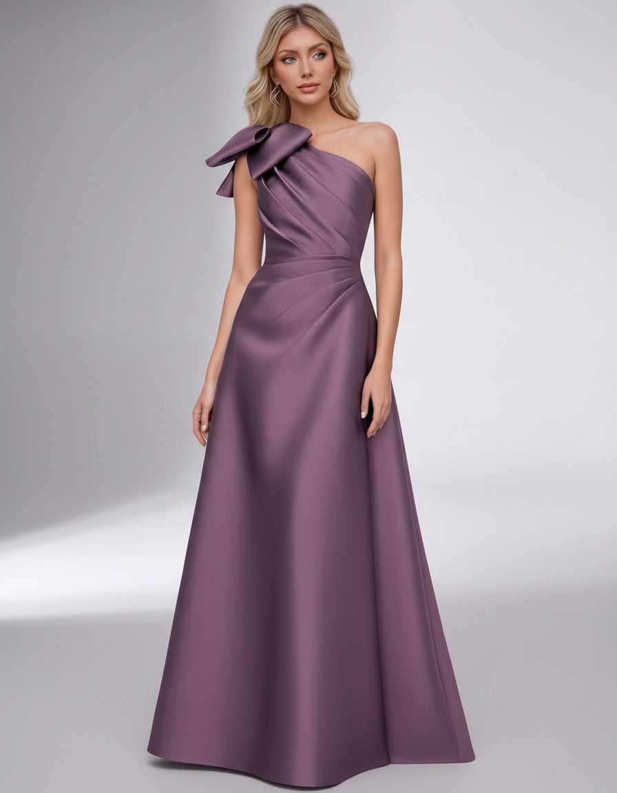 Celestia Maxi Dress by Lauven — satin one shoulder A-line maxi dress with bow