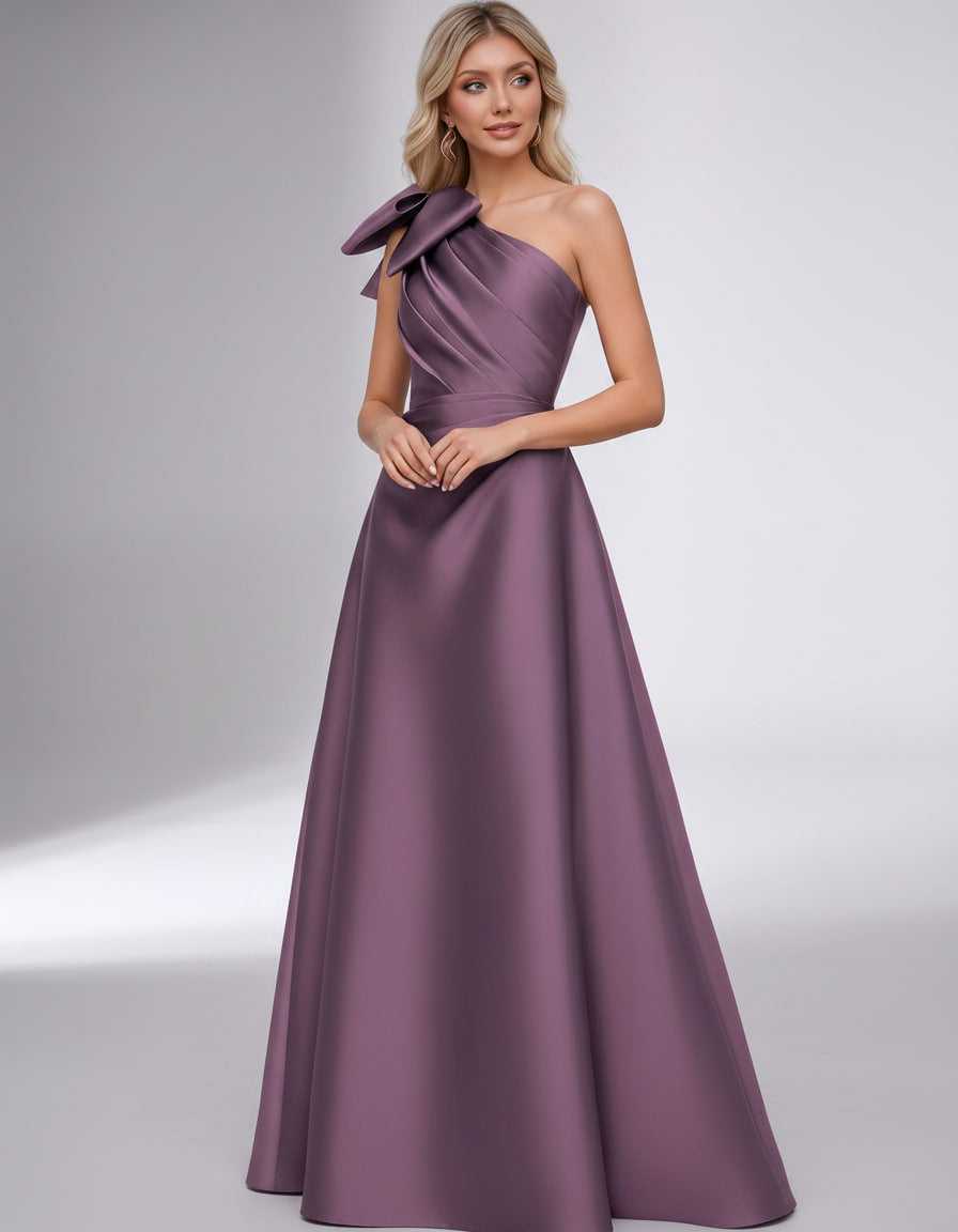 Celestia Maxi Dress by Lauven — satin one shoulder A-line maxi dress with bow