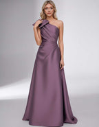 Celestia Maxi Dress by Lauven — satin one shoulder A-line maxi dress with bow