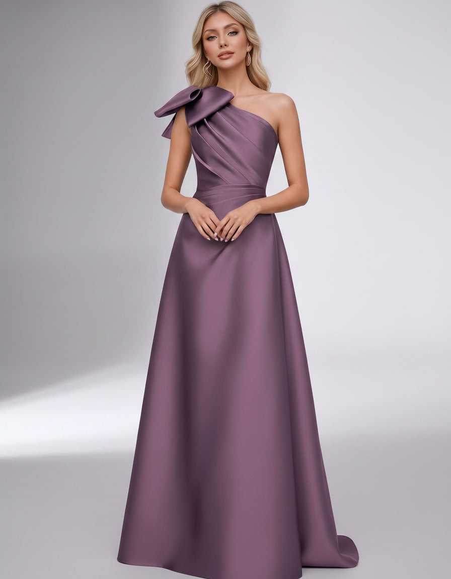 Celestia Maxi Dress by Lauven — satin one shoulder A-line maxi dress with bow