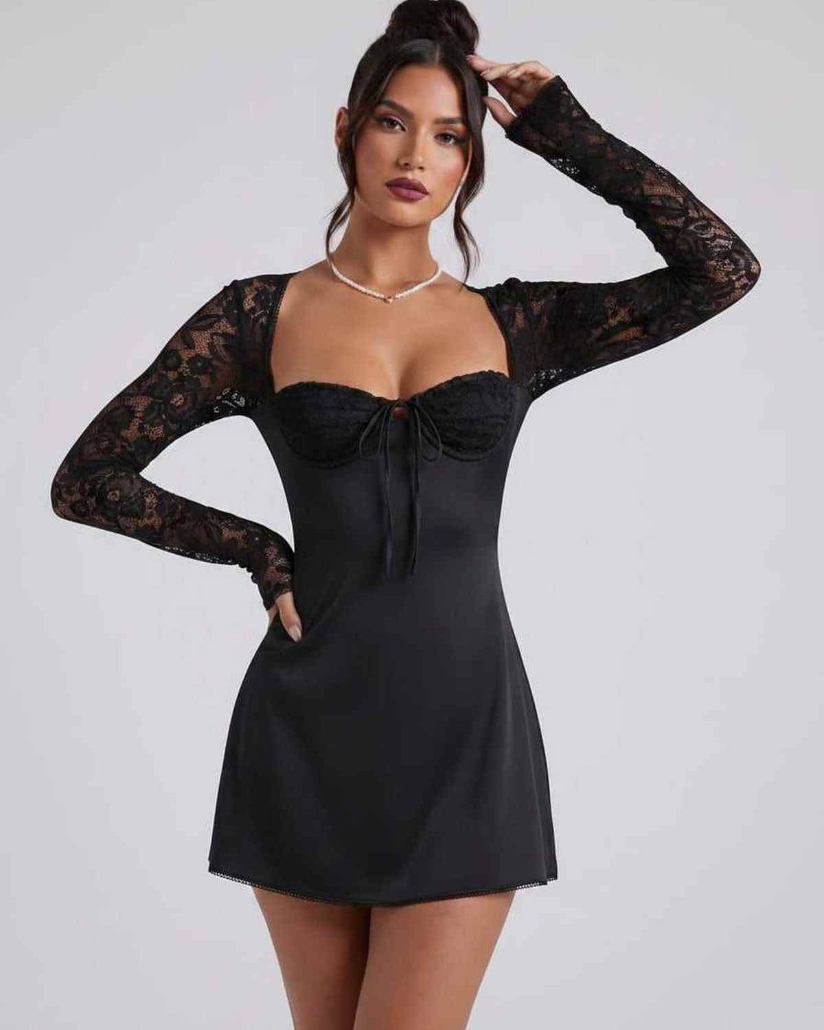 Noiré Mini Dress by Lauven — stretch long sleeve square neck fitted mini dress with lace sleeves