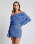 Elara Mini Dress by Lauven — textured knit long bell sleeve off-shoulder fitted mini dress