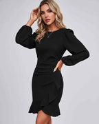 Virelle Mini Dress by Lauven — long sleeve round neck fitted mini dress with ruffle hem
