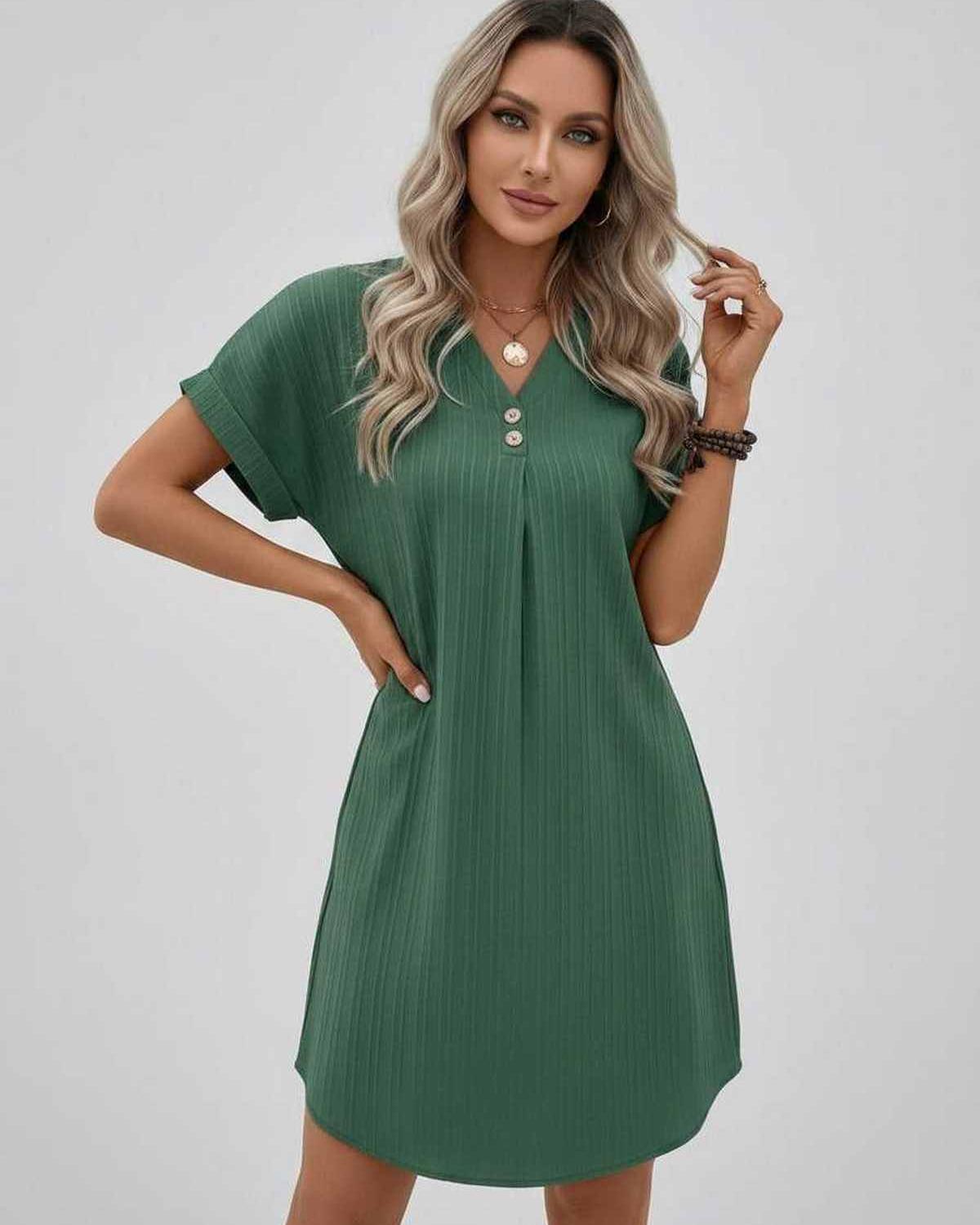 Lunelle Mini Dress by Lauven — textured short sleeve V-neck relaxed mini dress