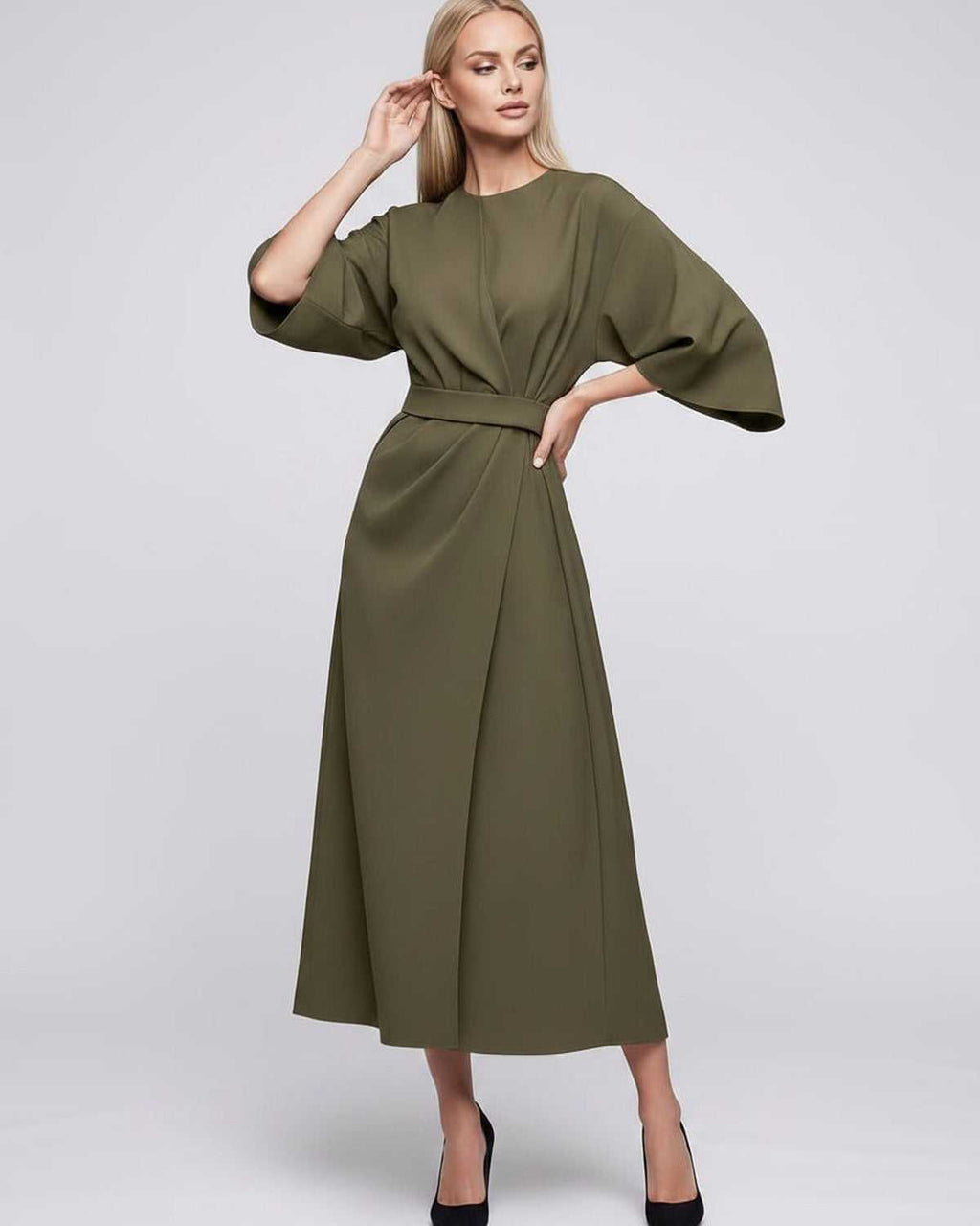 Celest Midi Dress by Lauven — breathable fabric lantern sleeve crew neck belted wrap midi dress