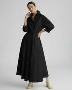 Aurelia Midi Dress by Lauven — breathable fabric long sleeve stand collar belted A-line midi dress