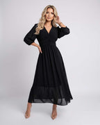 Veloura Midi Dress by Lauven — lightweight chiffon three quarter sleeve v neck A-line midi dress