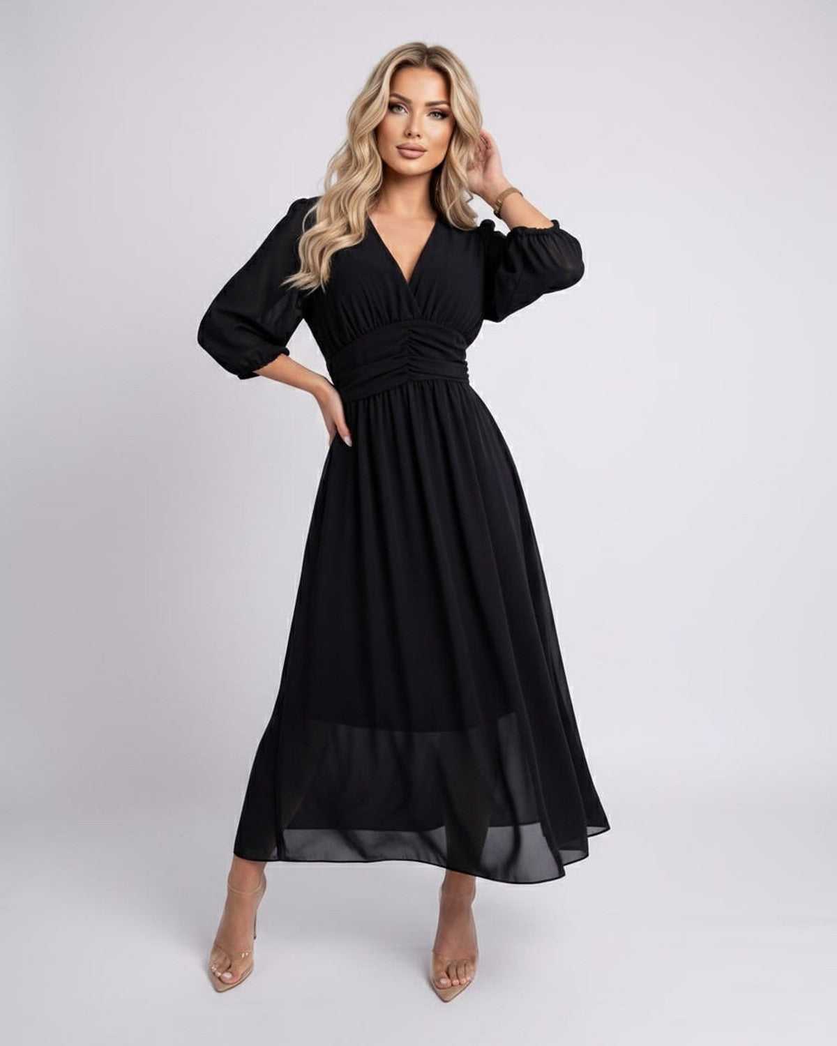 Veloura Midi Dress by Lauven — lightweight chiffon three quarter sleeve v neck A-line midi dress
