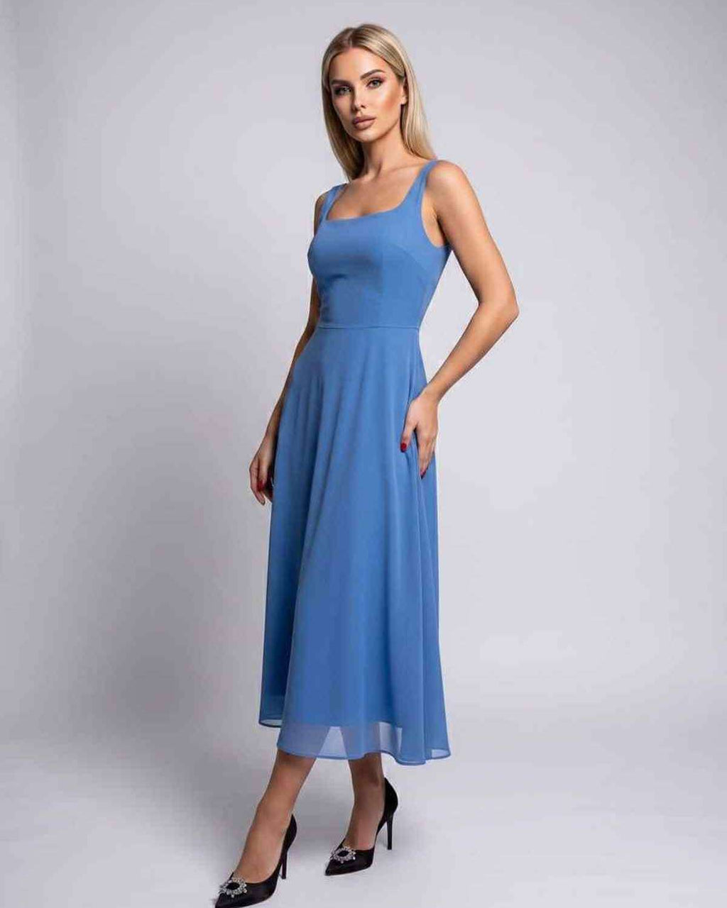 Lunara Midi Dress by Lauven — lightweight chiffon sleeveless square neck A-line midi dress