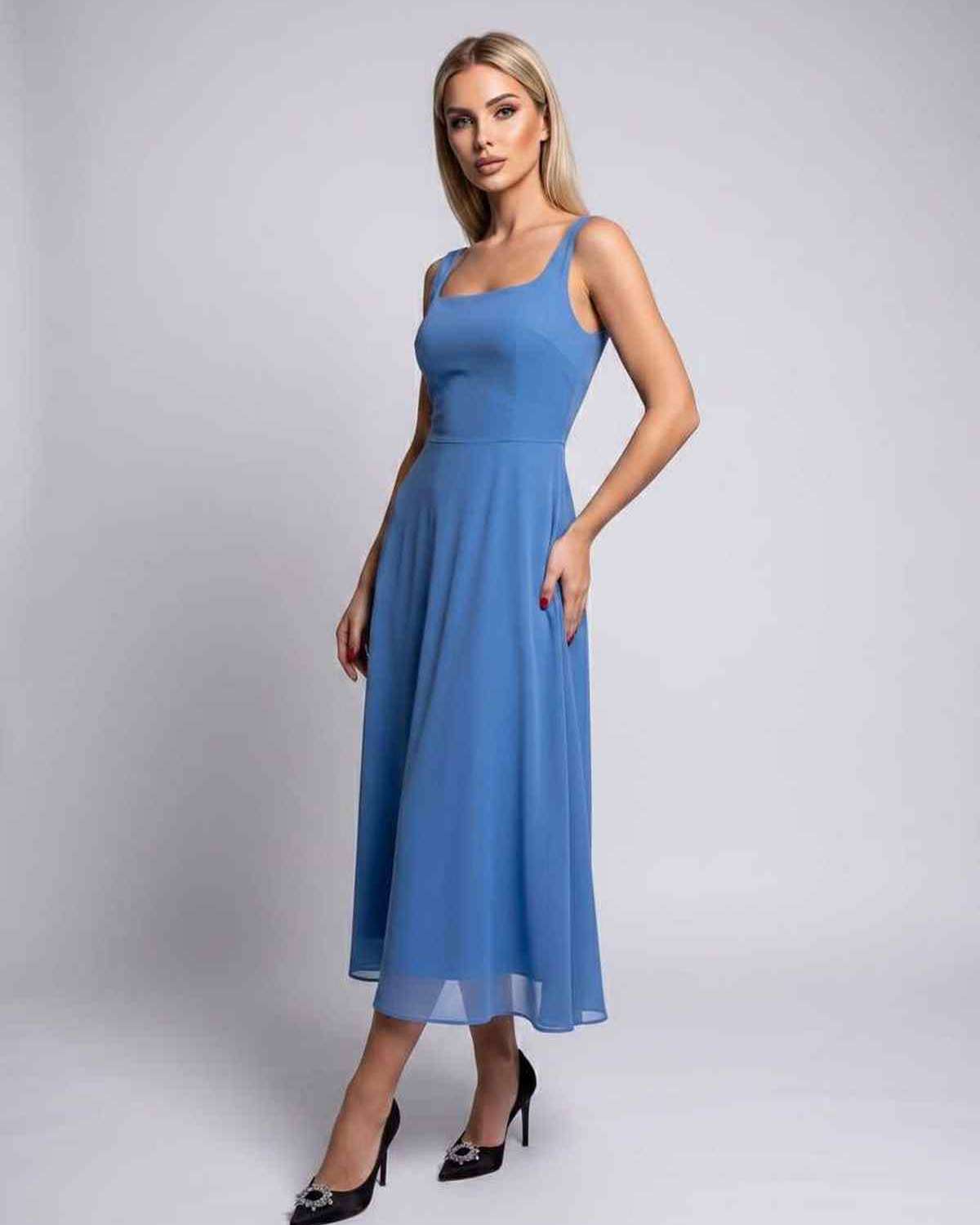 Lunara Midi Dress by Lauven — lightweight chiffon sleeveless square neck A-line midi dress