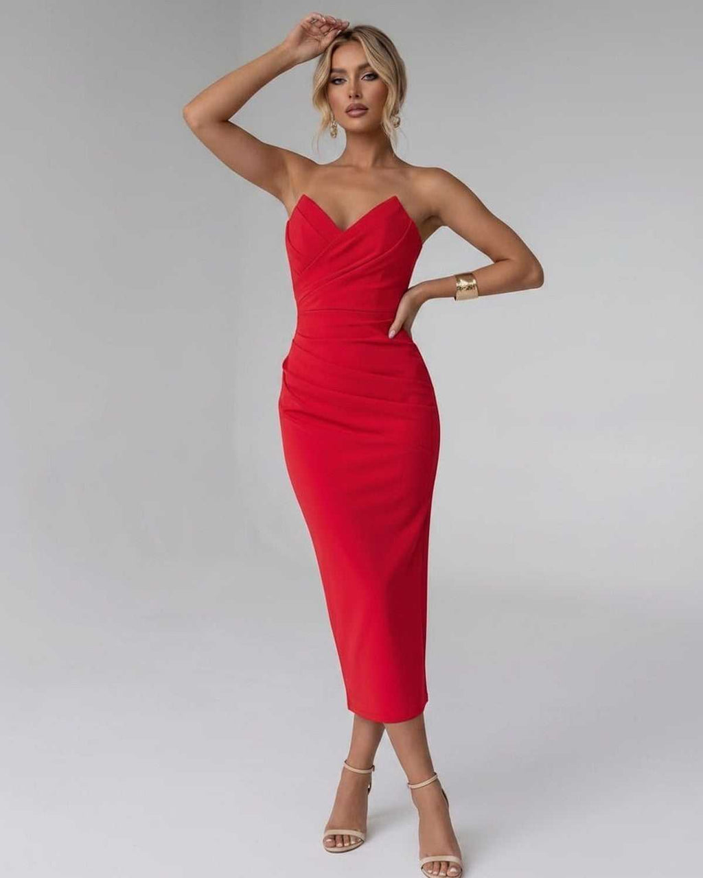 Serelle Midi Dress by Lauven — smooth stretch strapless sweetheart neck fitted midi dress