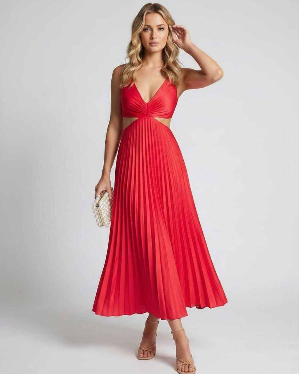Lunara Midi Dress by Lauven — satin sleeveless V-neck flowing pleated midi dress