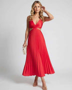 Lunara Midi Dress by Lauven — satin sleeveless V-neck flowing pleated midi dress
