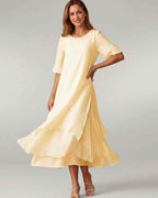 Aurelia Midi Dress by Lauven — lightweight short sleeve round neck layered midi dress