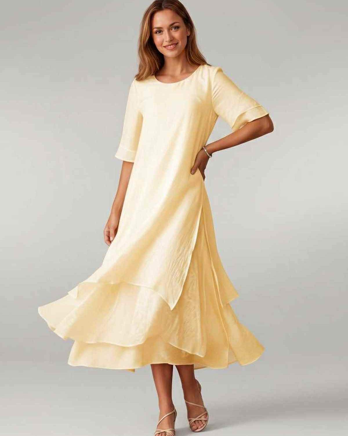 Aurelia Midi Dress by Lauven — lightweight short sleeve round neck layered midi dress