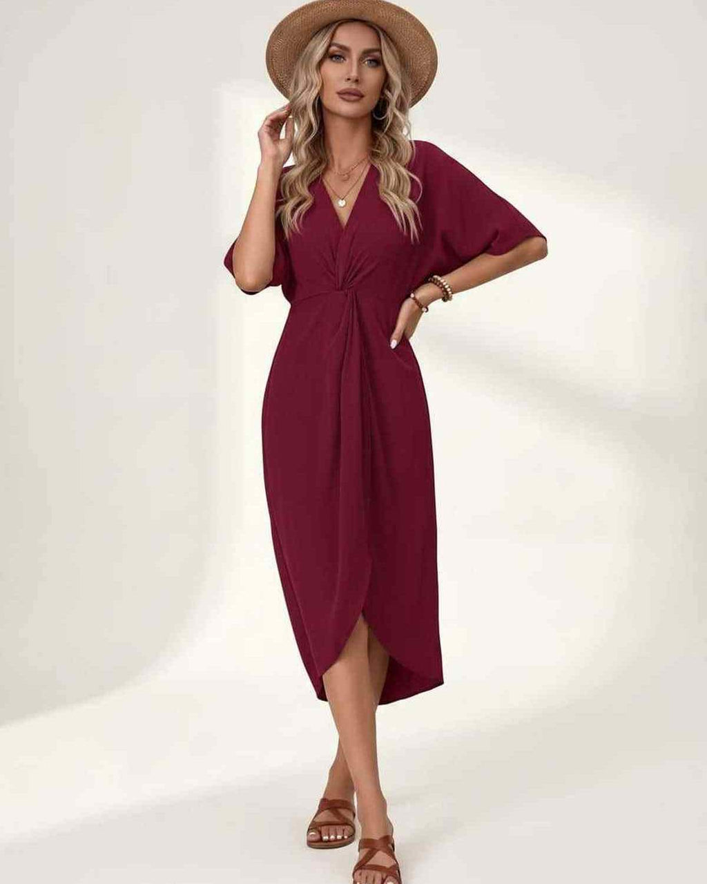 Elara Midi Dress by Lauven — premium short sleeve V-neck wrap style midi dress