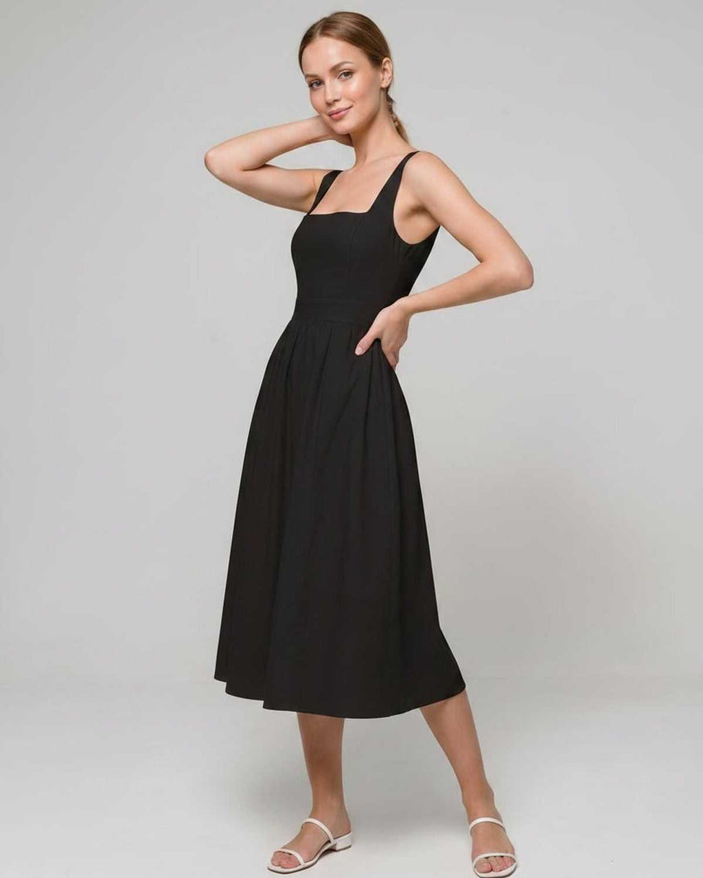 Aveline Midi Dress by Lauven — lightweight sleeveless square neck fit and flare midi dress