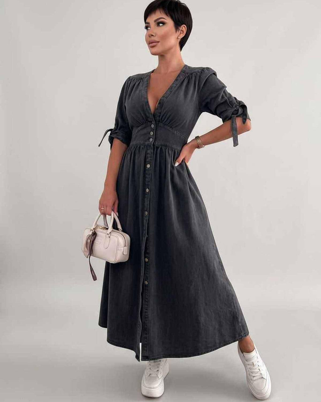 Eloria Midi Dress by Lauven — lightweight mid sleeve V-neck button front fit and flare midi dress