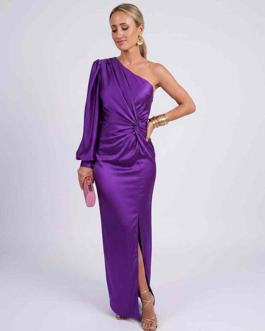 Veloura Maxi Dress by Lauven — satin one-shoulder long sleeve draped maxi dress