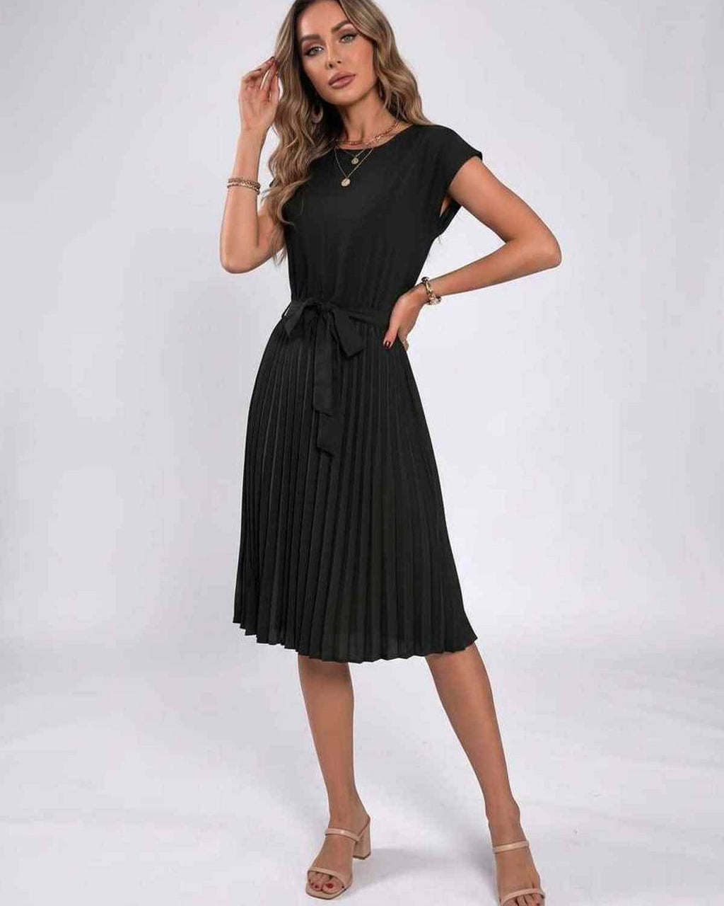 Lunessa Midi Dress by Lauven — pleated chiffon cap sleeve round neck midi dress