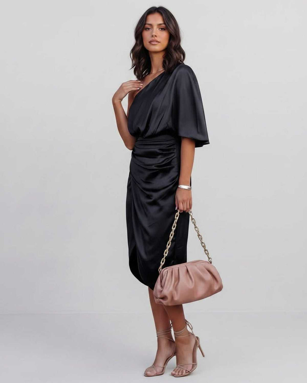 Veloura Midi Dress by Lauven — satin one shoulder draped midi dress with slit