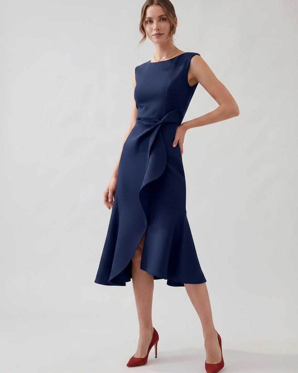 Serelune Midi Dress by Lauven — sleeveless satin midi dress with ruffle detail and fit flare silhouette