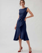 Serelune Midi Dress by Lauven — sleeveless satin midi dress with ruffle detail and fit flare silhouette