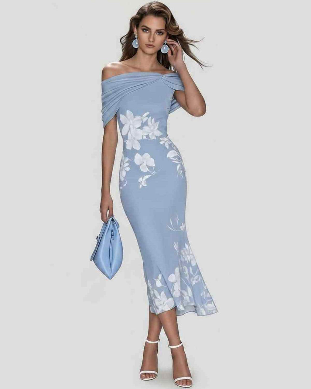 Veloura Midi Dress by Lauven — floral off shoulder satin midi dress with draped sleeves
