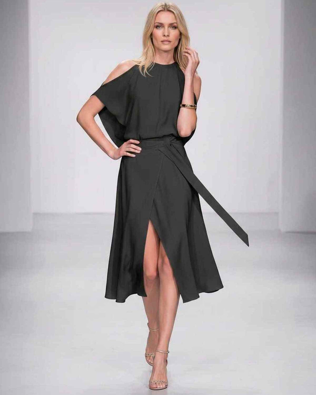 Seralyn Midi Dress by Lauven — halter sleeveless wrap midi dress with tie waist and front slit