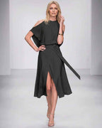 Seralyn Midi Dress by Lauven — halter sleeveless wrap midi dress with tie waist and front slit